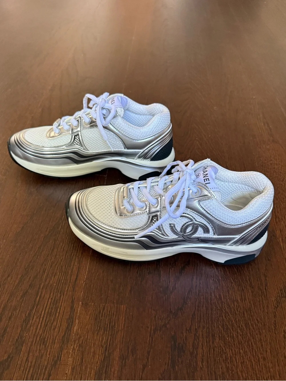 CHANEL White and Silver Metallic Leather Mesh Sneakers - Trainers - 37